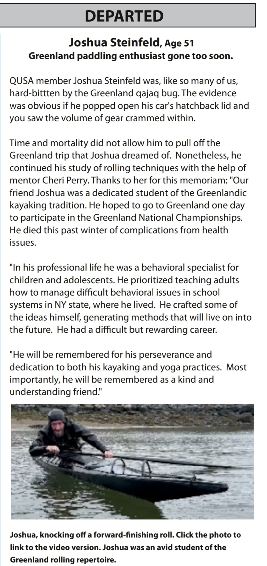 Departed — Joshua Steinfeld memorial article in The Masik